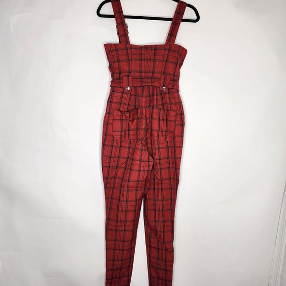 WeWoreWhat Y2K Plaid Moto Jumpsuit Overalls Stretch Buckle Adjustable Straps Red - Picture 3 of 9